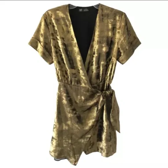 Zara TRF Collection Gold Metallic Wrap Dress Womens Size XS Short Sleeve - Picture 6 of 12